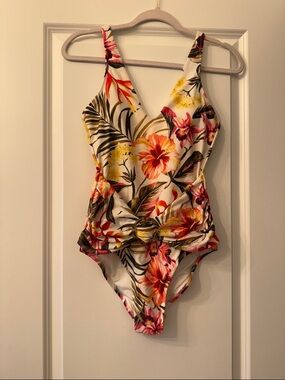 Tropical Floral One-Piece Swimsuit - Cream Base with Pink & Orange Flowers